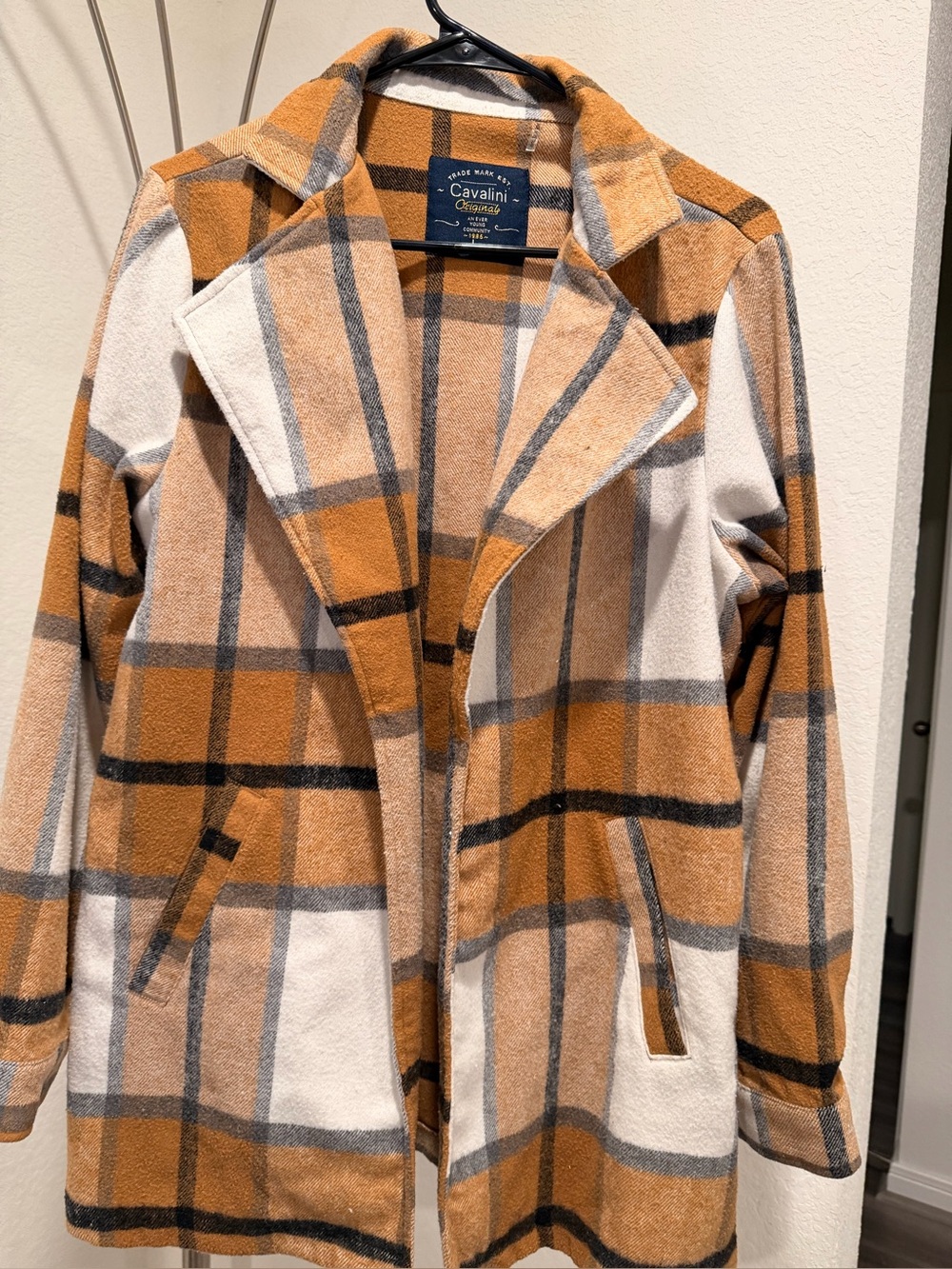 Cavalini Plaid Open-Front Pea Coat in Mustard, Cream & Gray